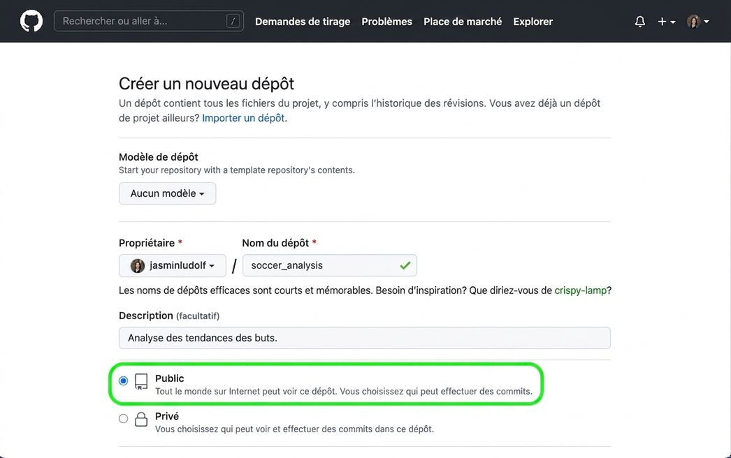 Page de création d'un nouveau dépôt sur GitHub avec l'option Public en surbrillance
