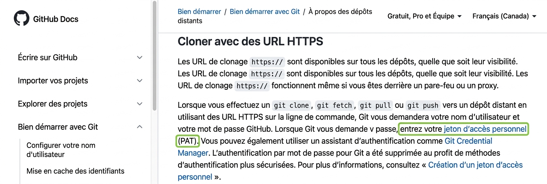 Page Docs de GitHub avec des instructions pour fournir un jeton d'accès personnel (PAT) lors de git clone, fetch, pull ou push vers un dépôt distant.