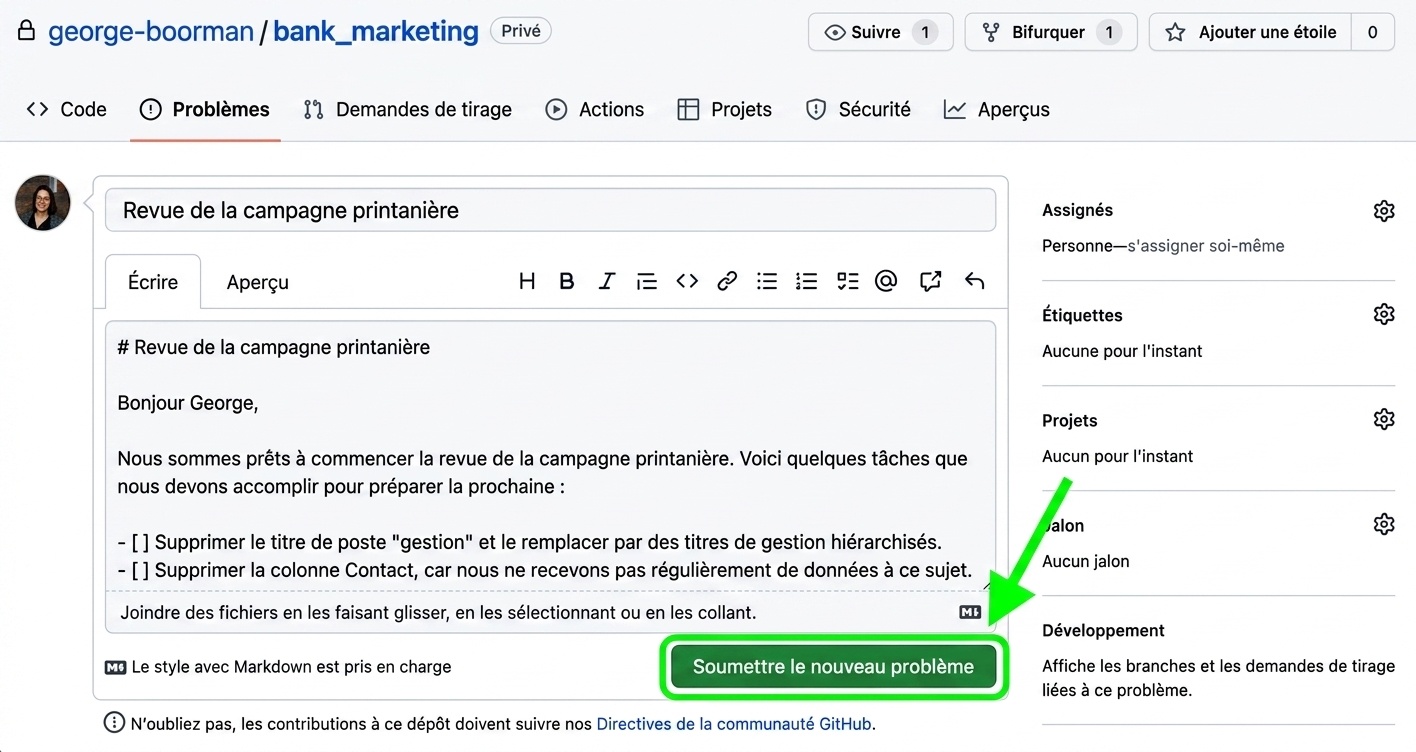 Vue lors de la création d’une nouvelle issue avec le titre et le corps remplis et le bouton submit new issue en surbrillance