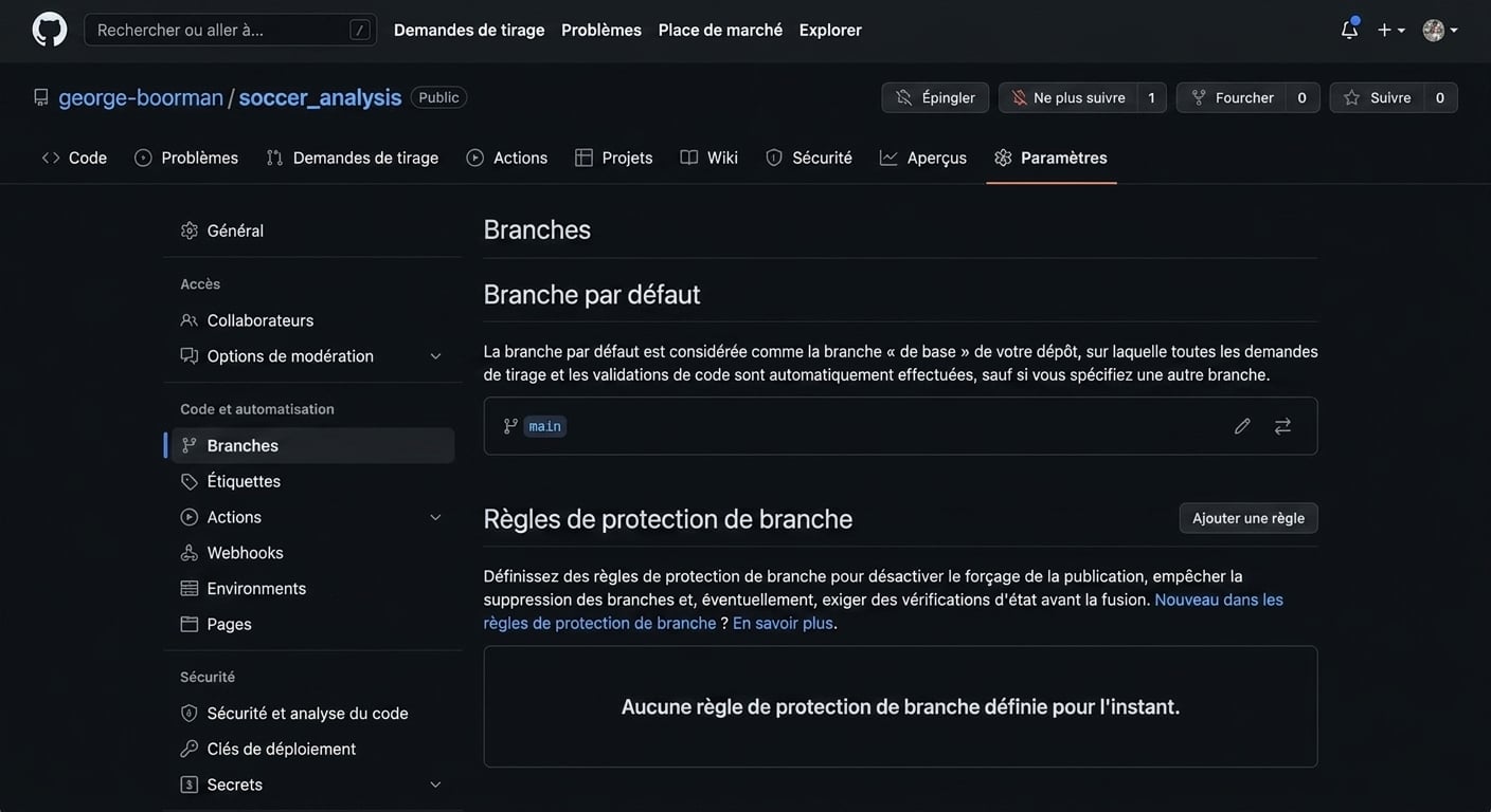 branches dans l'onglet Settings, montrant la branche par défaut main et une section pour ajouter des règles de protection
