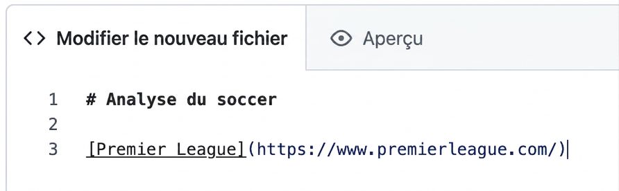 Vue de la page d'édition d'un fichier markdown avec la syntaxe d'un hyperlien