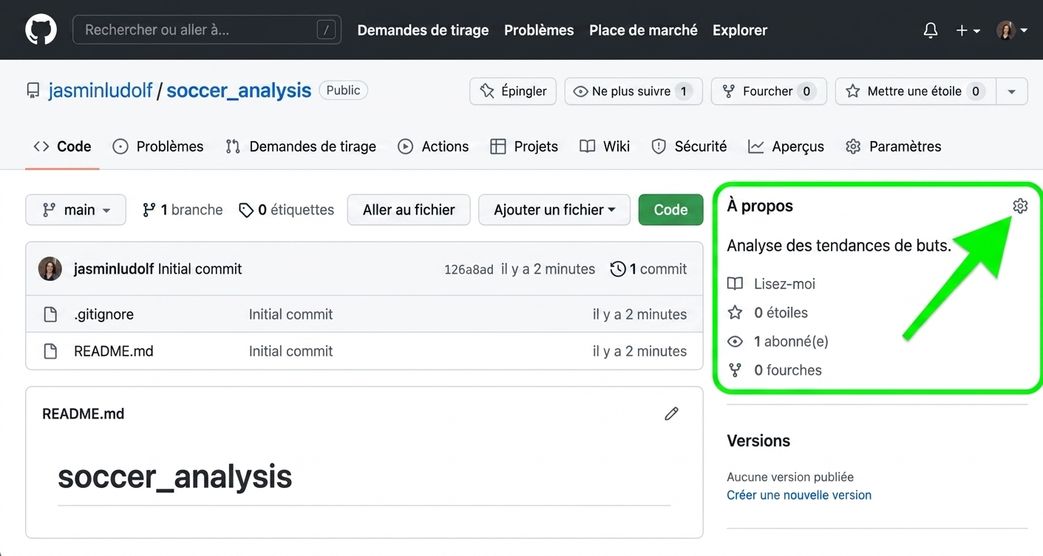 Vue du dépôt d'analyse du soccer avec la section À propos en surbrillance