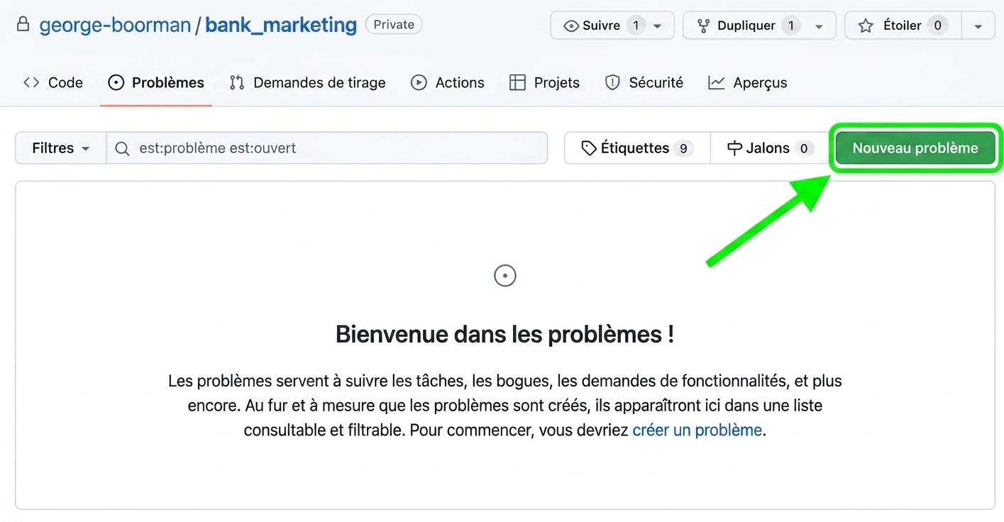 Vue de la page Issues avec le bouton New issue en surbrillance