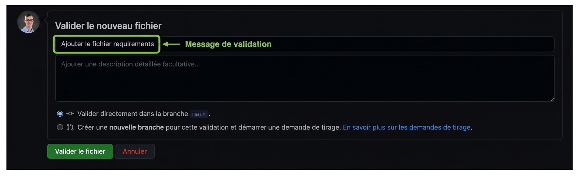 message de validation : Add requirements file