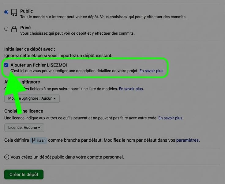 Page de création d'un nouveau dépôt sur GitHub : option Ajouter un fichier README sélectionnée et en surbrillance