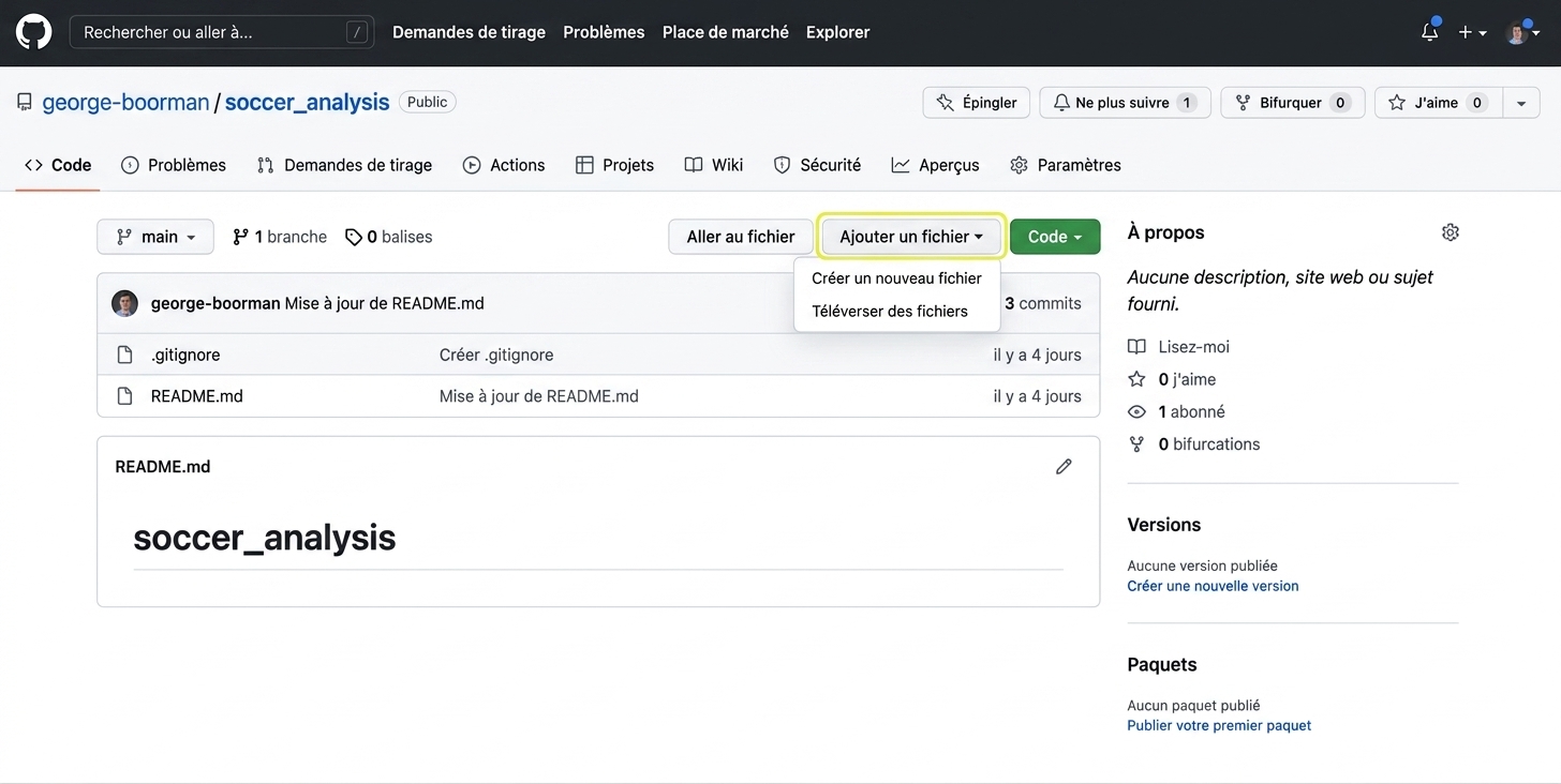 Section « Code » d'un dépôt GitHub avec le bouton Add file mis en évidence