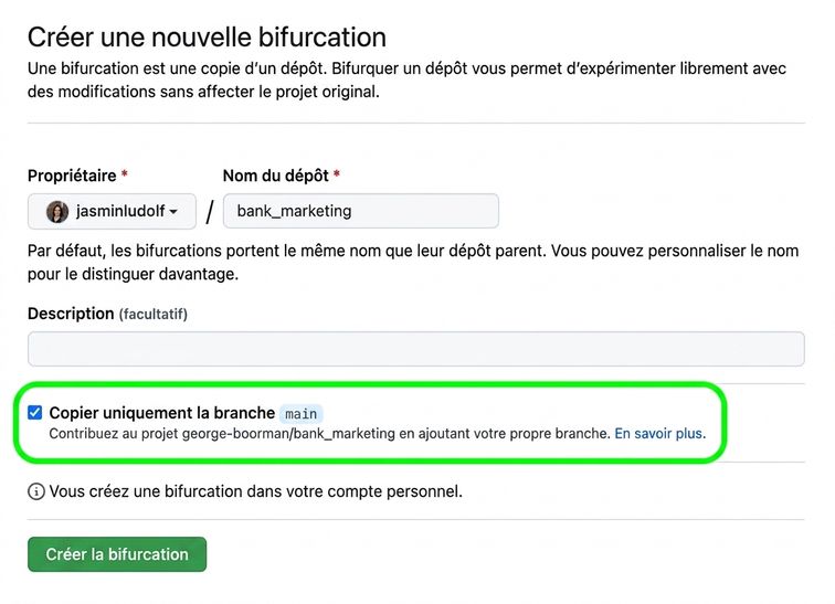 Vue de la page Create new fork avec la section Branch en surbrillance