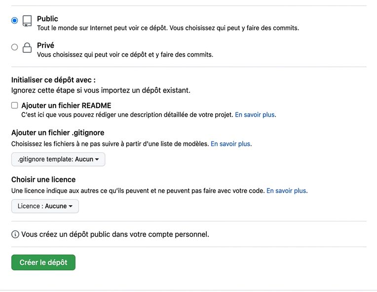 Page de création d'un nouveau dépôt sur GitHub