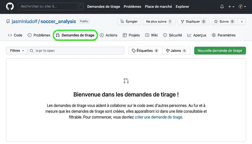 Vue du dépôt d'analyse du soccer avec l'onglet Pull requests en surbrillance