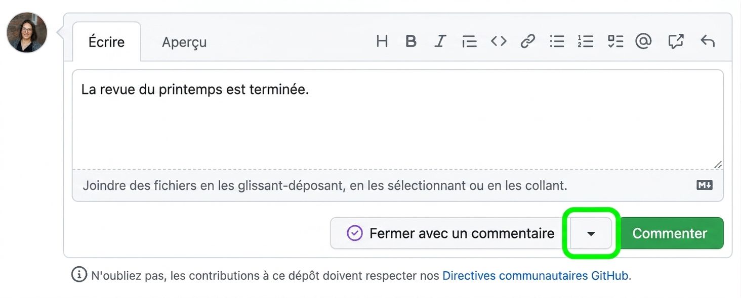Vue du commentaire de clôture avec la flèche du menu déroulant en surbrillance