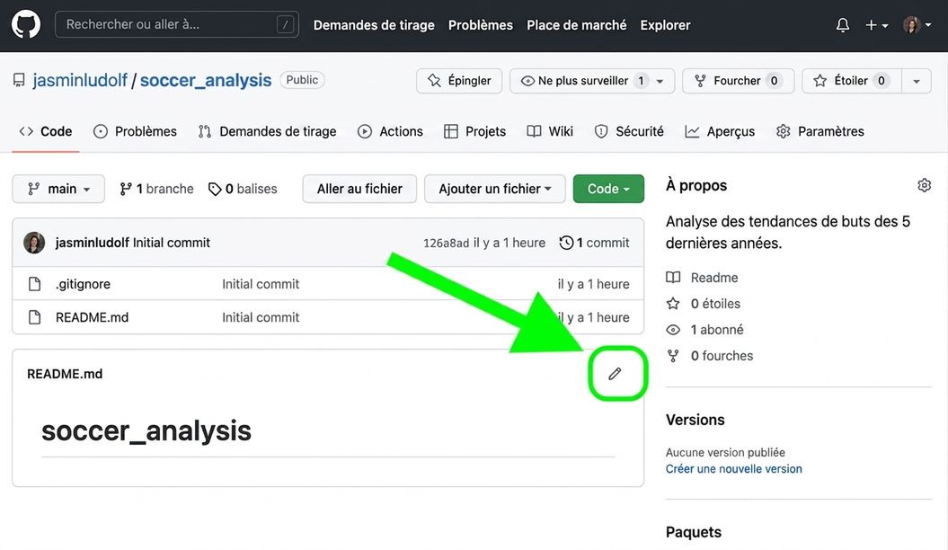 Vue du dépôt d'analyse de soccer avec l'icône crayon pour modifier le fichier README en surbrillance