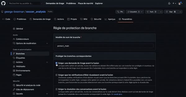 Vidéo : cocher Require a pull request before merging