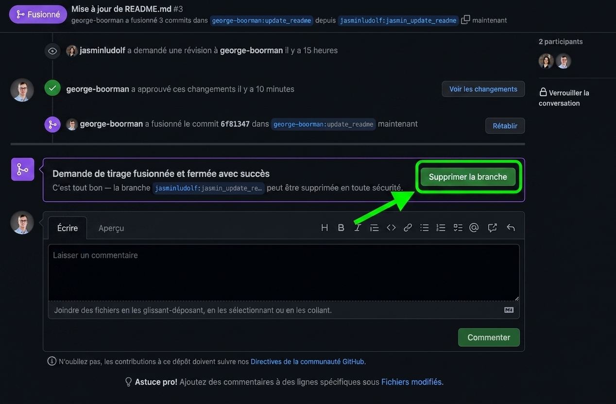 Vue propriétaire d'une PR fusionnée avec le bouton Supprimer la branche en évidence