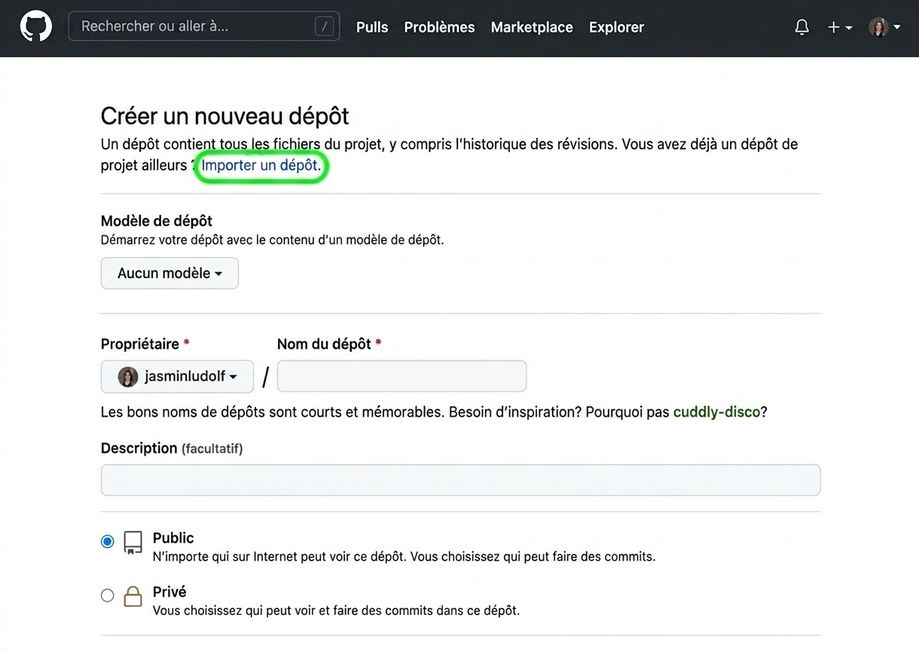 Page de création d'un nouveau dépôt sur GitHub avec l'option d'importation en surbrillance