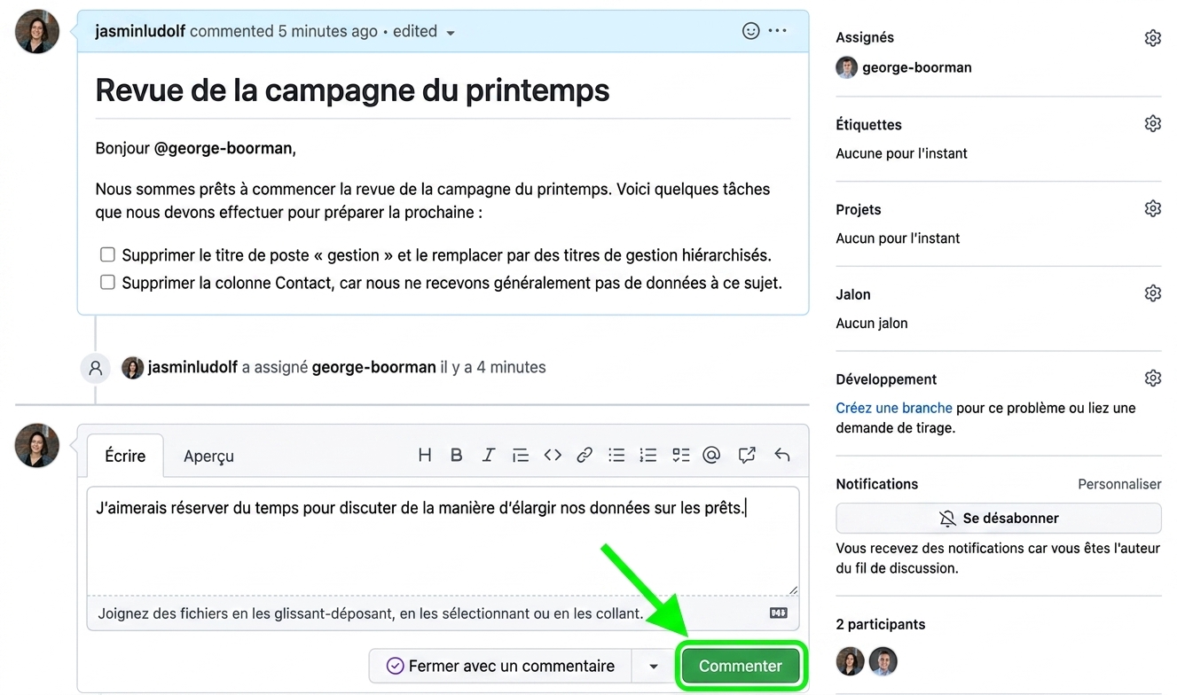Vue de l’ajout d’un commentaire à une issue existante