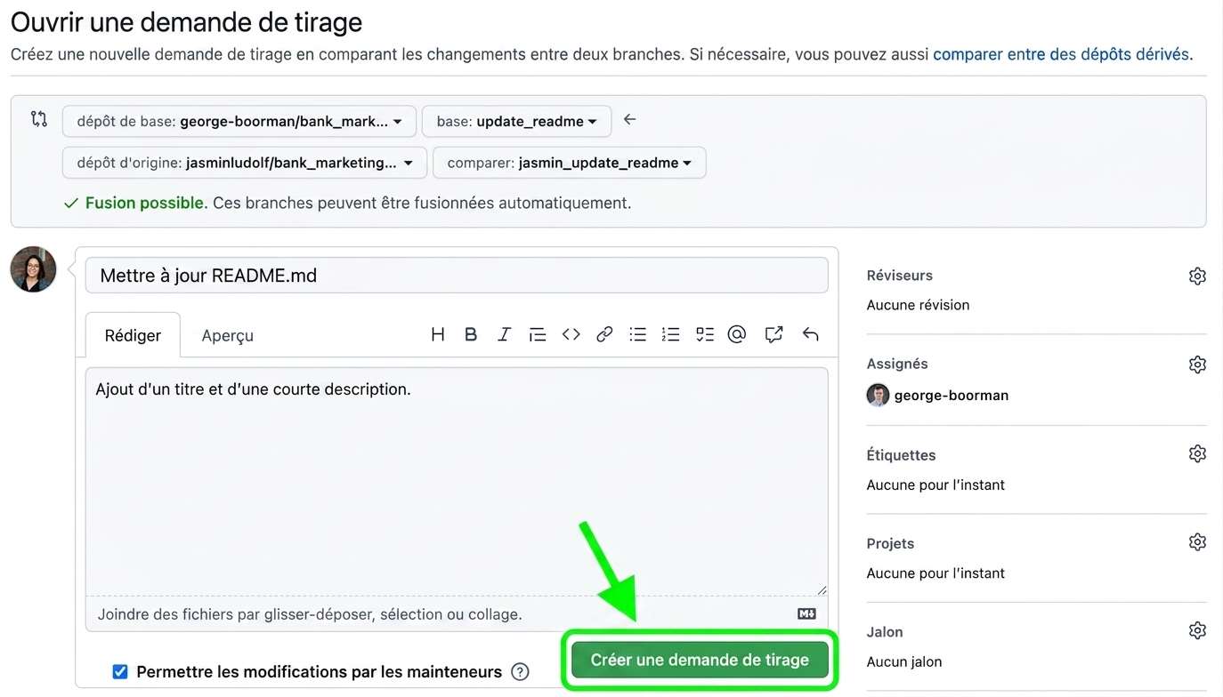 Vue pour ouvrir une demande de tirage avec le bouton « Create pull request » en surbrillance