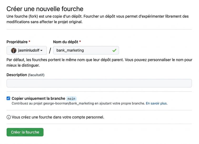 Vue de la page Create new fork