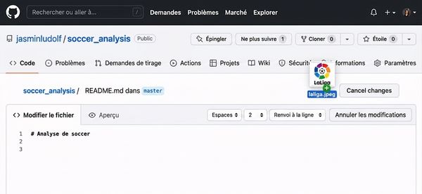 Vue animée du glisser-déposer d'une image dans le fichier markdown et du rendu automatique de la syntaxe par GitHub