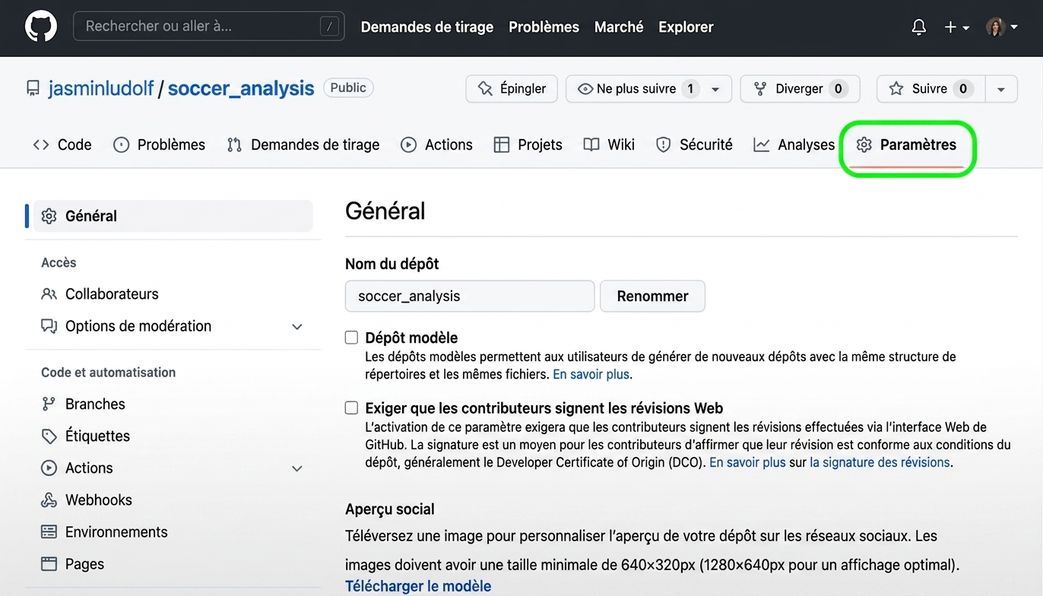 Vue du dépôt d'analyse du soccer avec l'onglet Settings en surbrillance