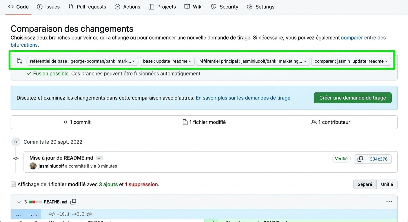 Vue de comparaison des changements mettant en évidence les branches de base et de comparaison