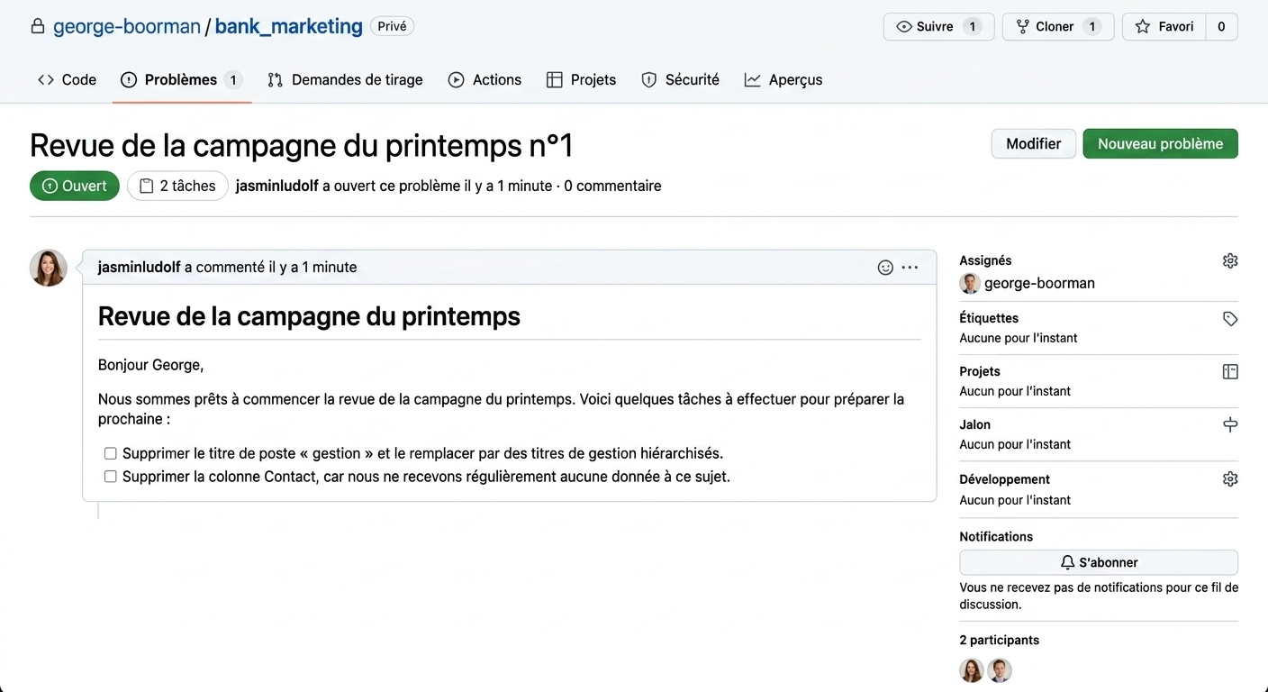 Vue d’une issue soumise avec une personne assignée