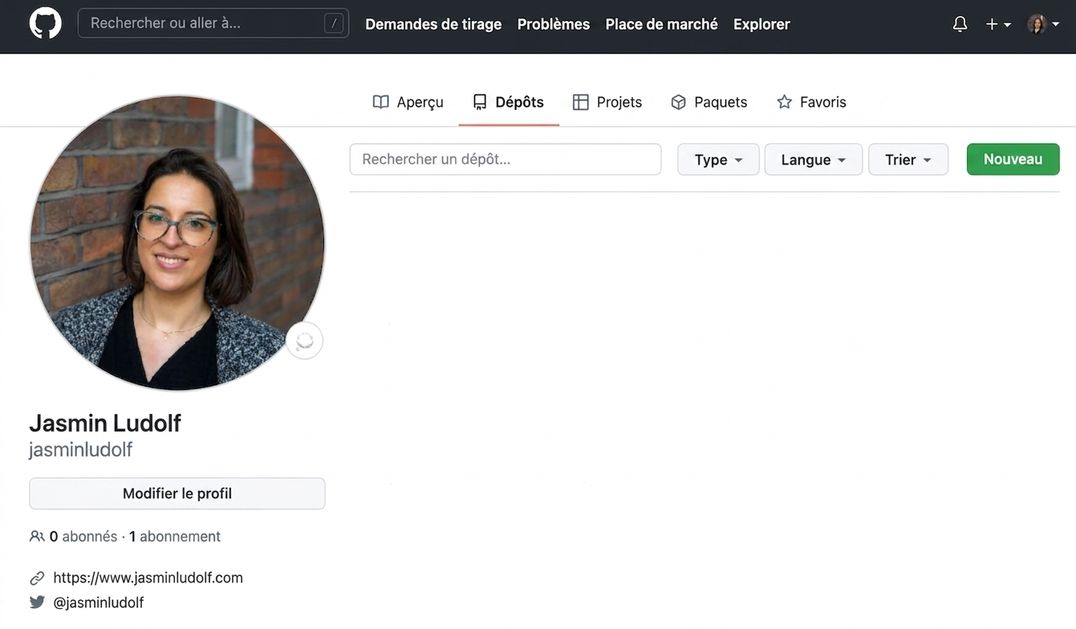 Vue du profil GitHub, onglet Repositories.