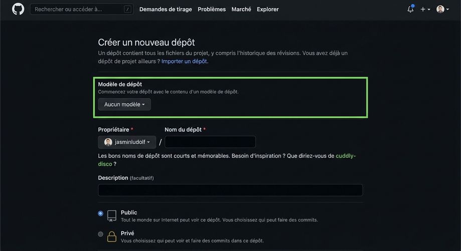 Page de création d'un nouveau dépôt sur GitHub avec l'option de modèle en surbrillance