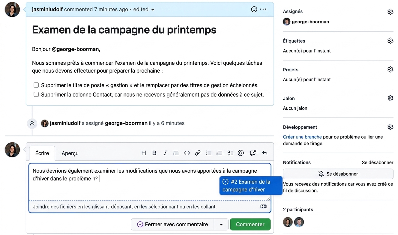 Vue de la création d’un lien vers une autre issue