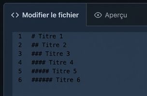 Vue de la page d'édition d'un fichier markdown avec la syntaxe des six niveaux de titres