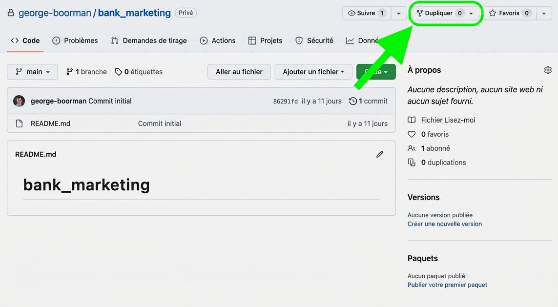 Capture de la vue principale du dépôt privé « bank marketing » appartenant à George Boorman, avec le bouton Fork en surbrillance