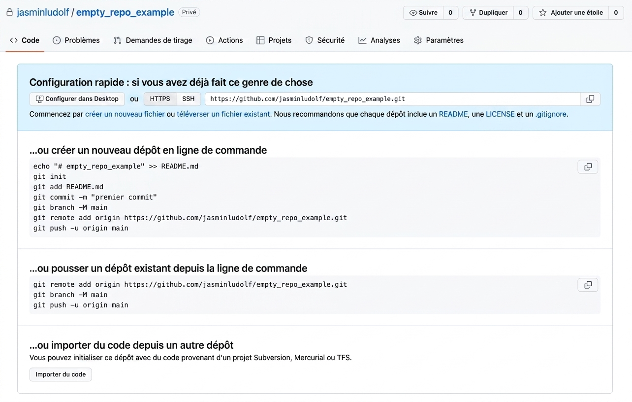 Vue d'un dépôt vide et de l'endroit où obtenir le lien de clonage