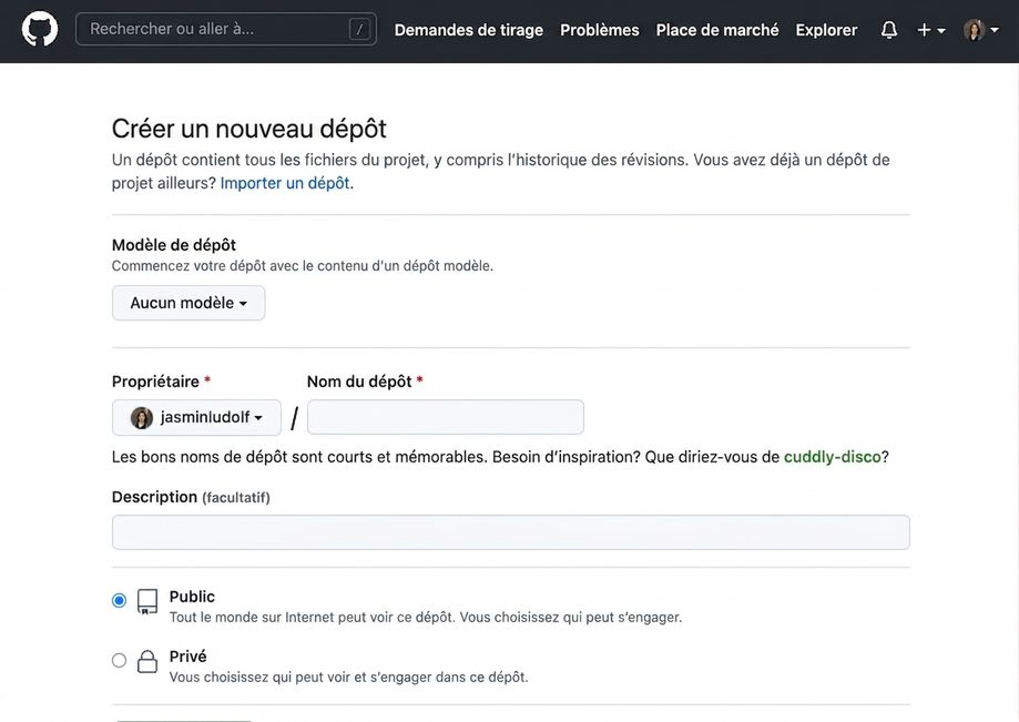 Page GitHub pour créer un nouveau dépôt