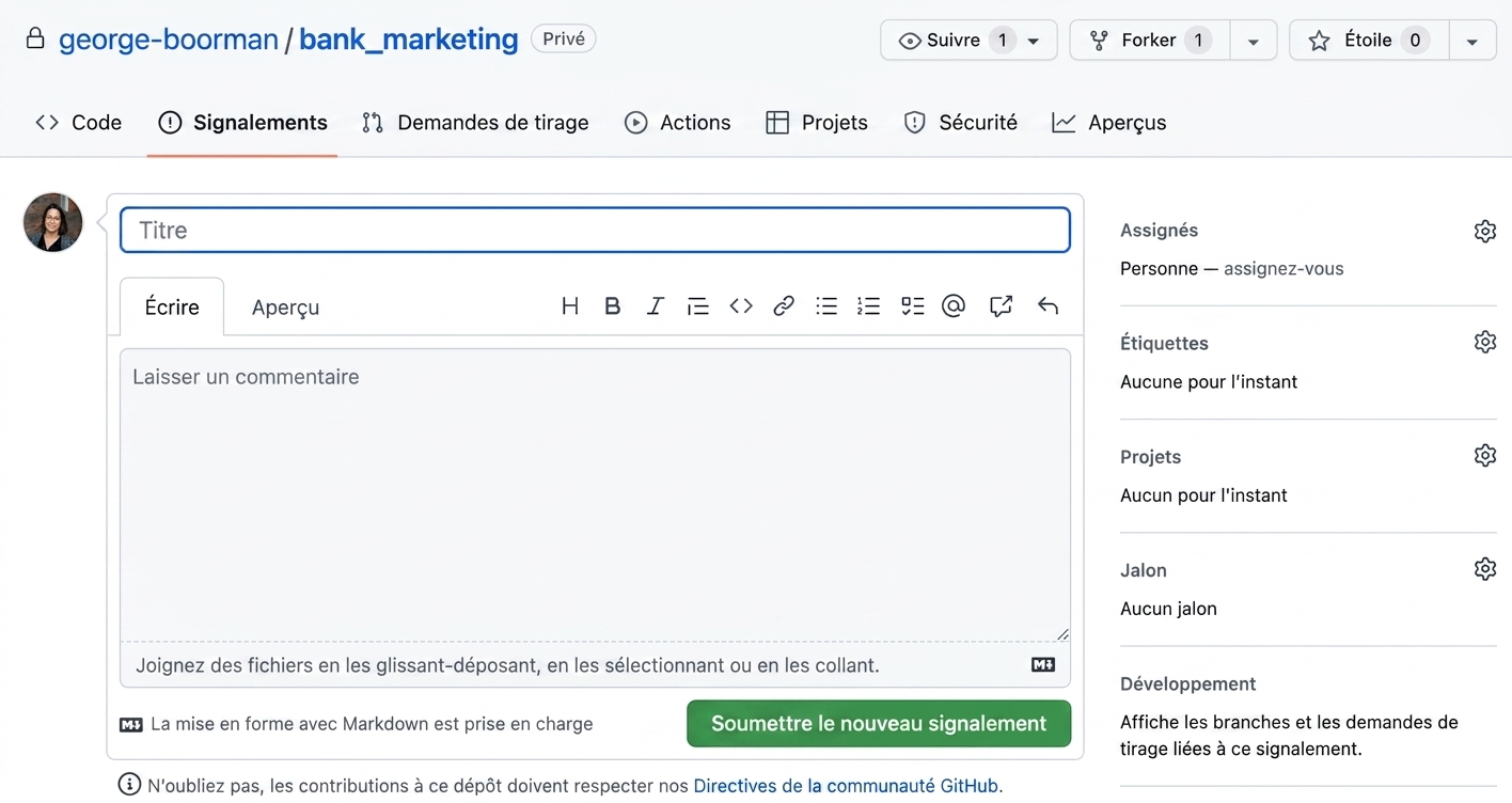 Vue lors de la création d’une nouvelle issue