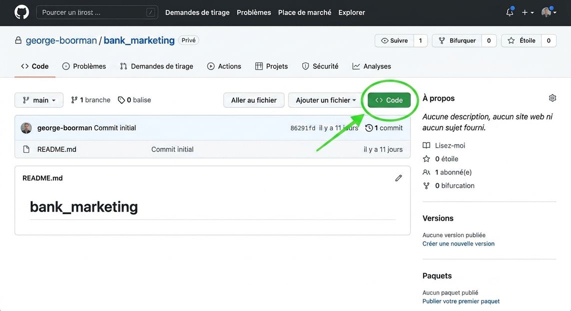 Vue du dépôt bank marketing avec un cercle vert autour du bouton Code et une flèche pointant vers celui-ci.