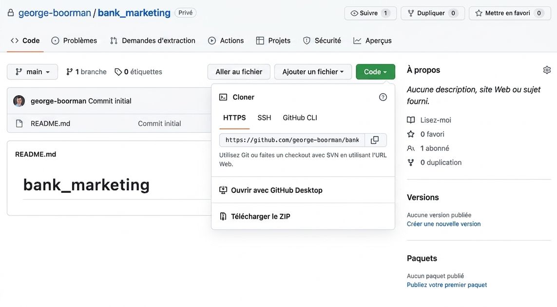 Vue du menu déroulant après avoir cliqué sur le bouton Code d'un dépôt GitHub.