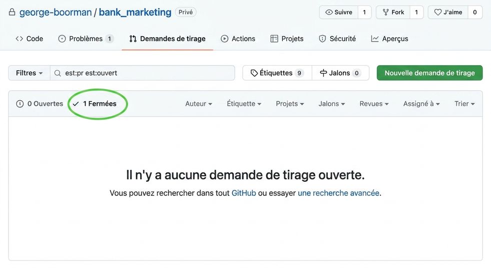 Vue de l'onglet Pull requests mettant en évidence les PR du dépôt