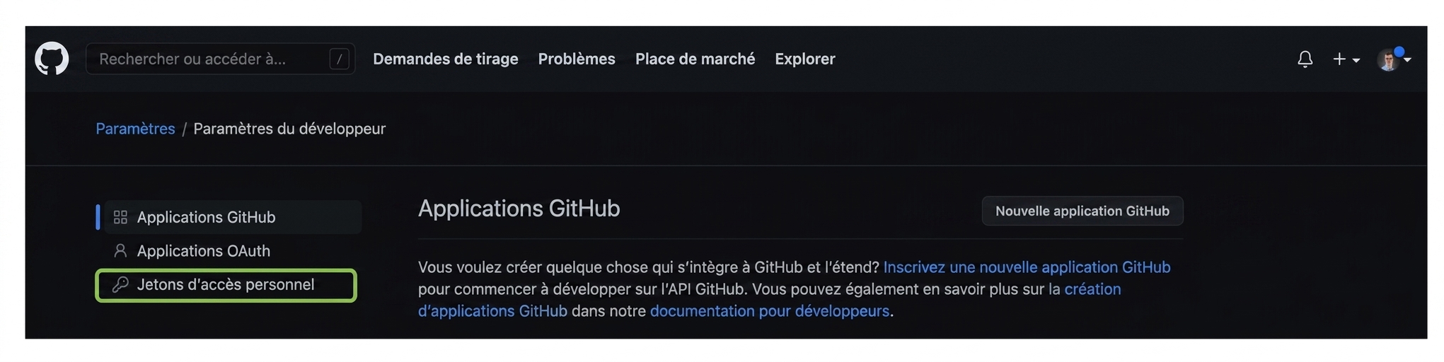 Page Paramètres du développeur avec trois options : GitHub Apps, OAuth Apps et Jetons d'accès personnels