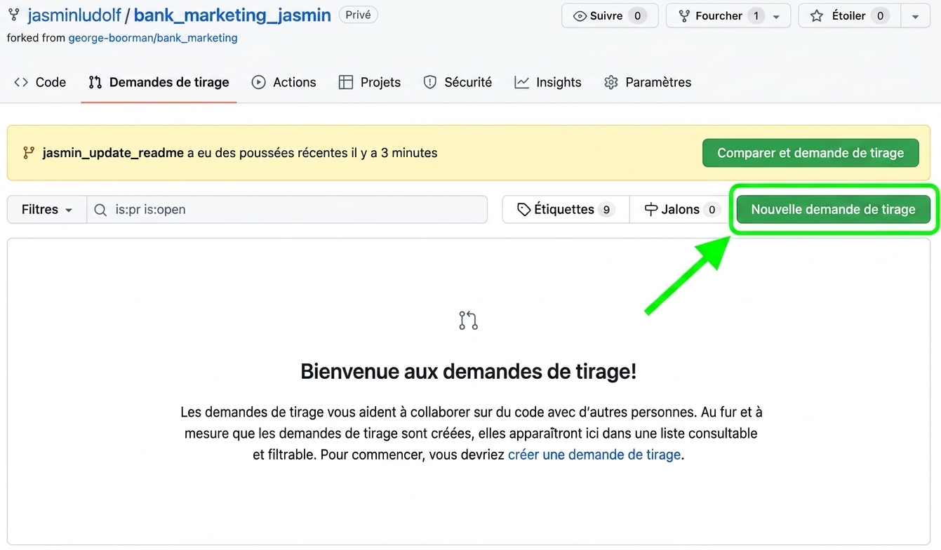 Vue de l'onglet des demandes de tirage dans le dépôt dérivé avec le bouton « New pull request » en surbrillance