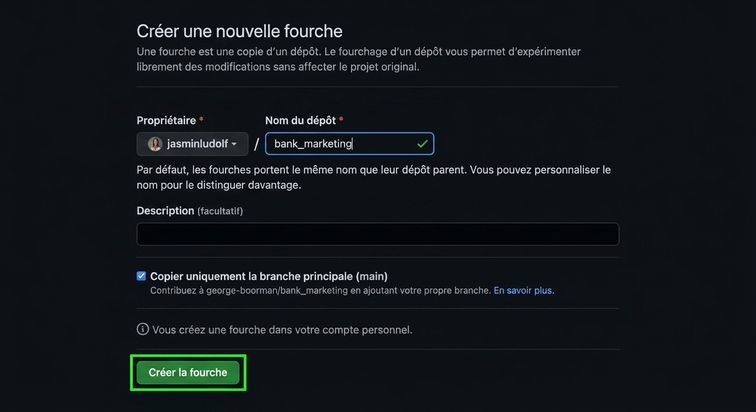 Vue de la page Create new fork avec le bouton Create fork en surbrillance