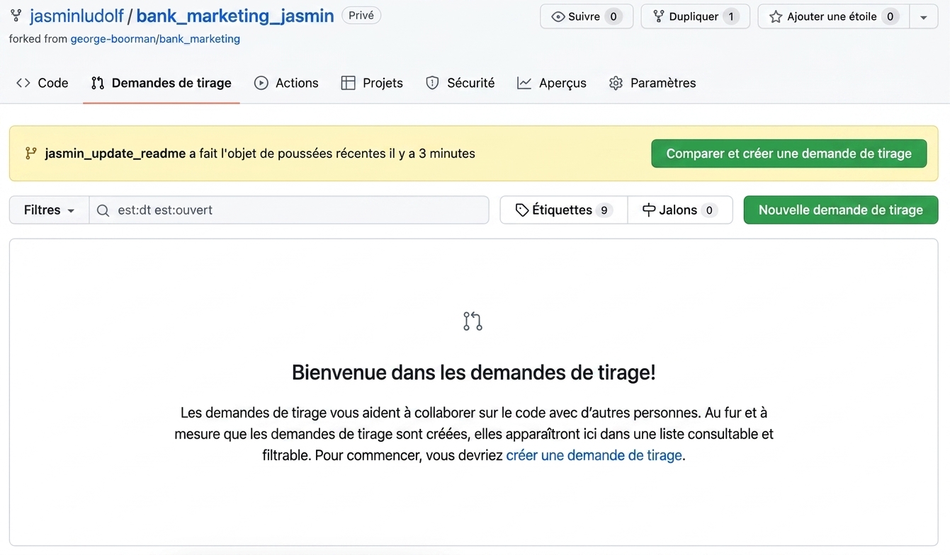 Vue de l'onglet des demandes de tirage dans le dépôt dérivé