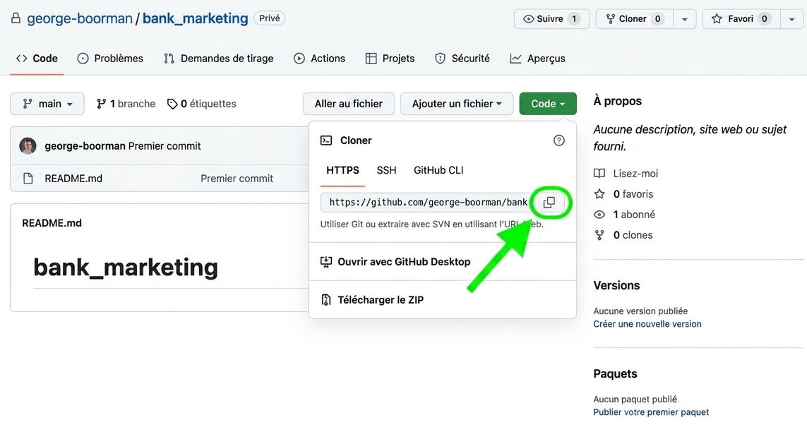 Vue du menu déroulant après avoir cliqué sur le bouton Code d'un dépôt GitHub, avec l'icône de copie en surbrillance.