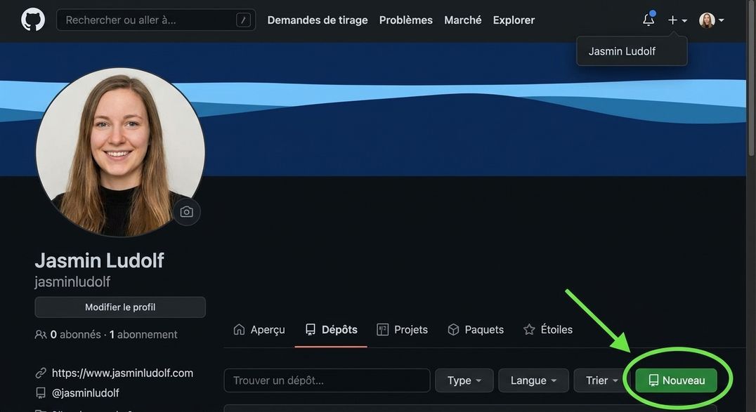 Profil GitHub sur l'onglet Repositories avec une flèche verte pointant le bouton New, entouré d'un cercle vert.