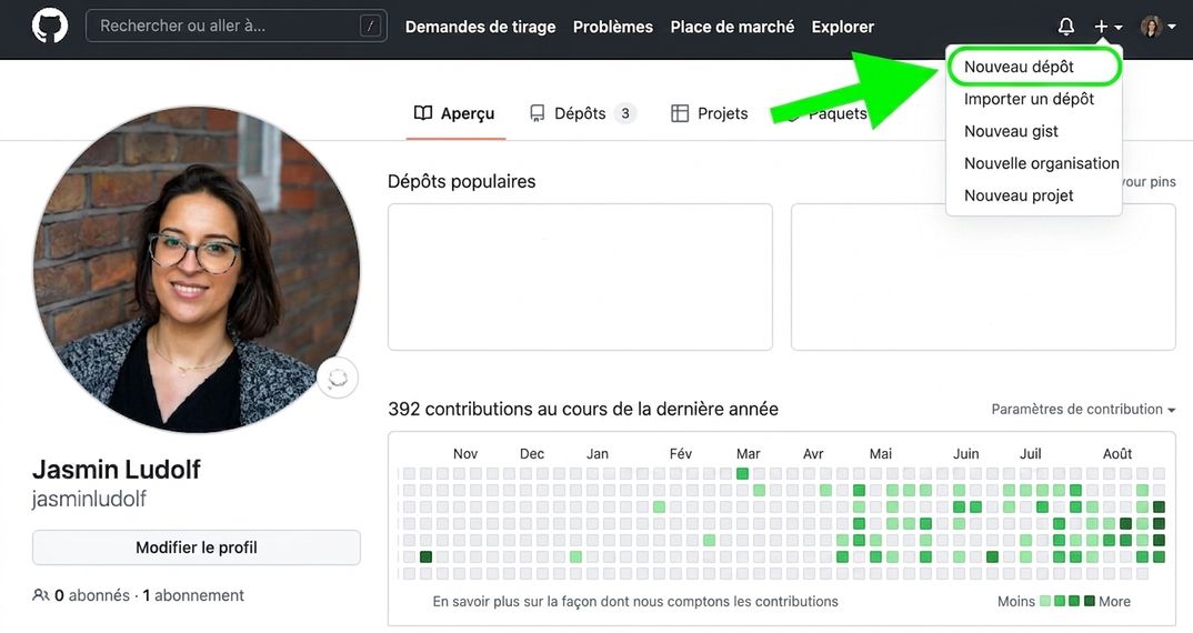 Vue du profil GitHub avec une flèche verte pointant l'option New repository dans le menu déroulant.