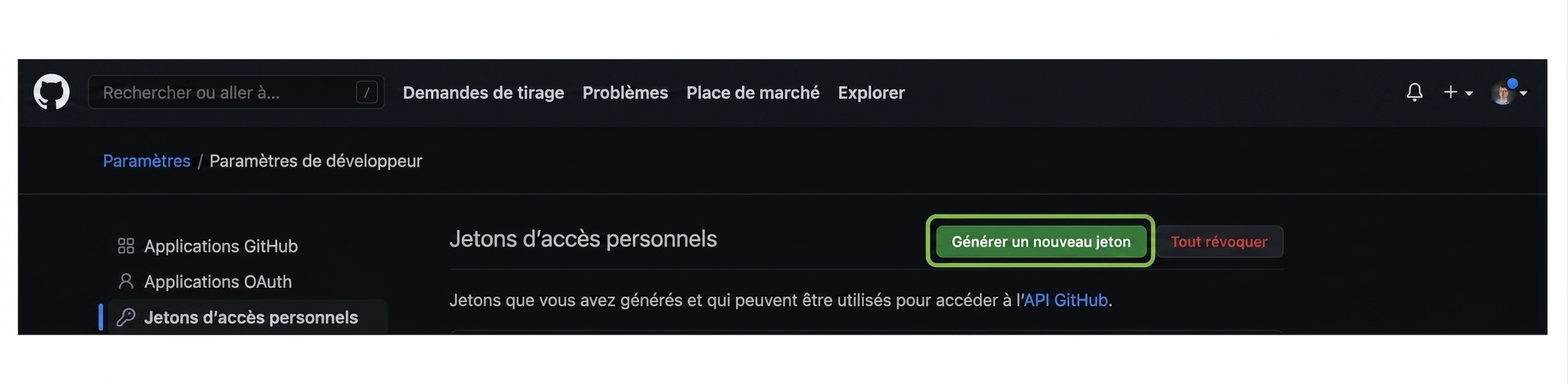 Section Jetons d'accès personnels, avec un bouton pour Générer un nouveau jeton