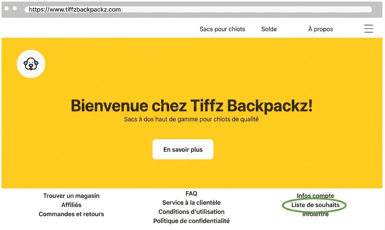 Liste d'envies de Tiffz Backpackz sur la page d'accueil
