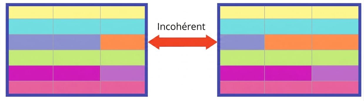 deux tables aux rangées de même couleur, sauf une montrant une incohérence entre les tables