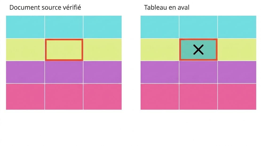 deux tables symbolisant une source vérifiée et une table en aval avec une valeur erronée