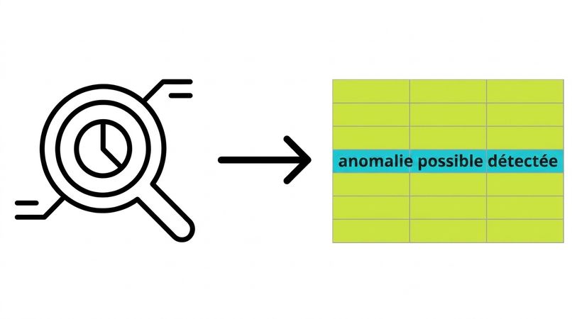 loupe avec une horloge indiquant la surveillance dans le temps et une flèche pointant vers un tableau où une anomalie possible est détectée