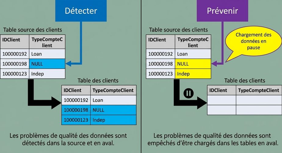 schéma illustrant la différence entre règles de qualité des données détectives et préventives