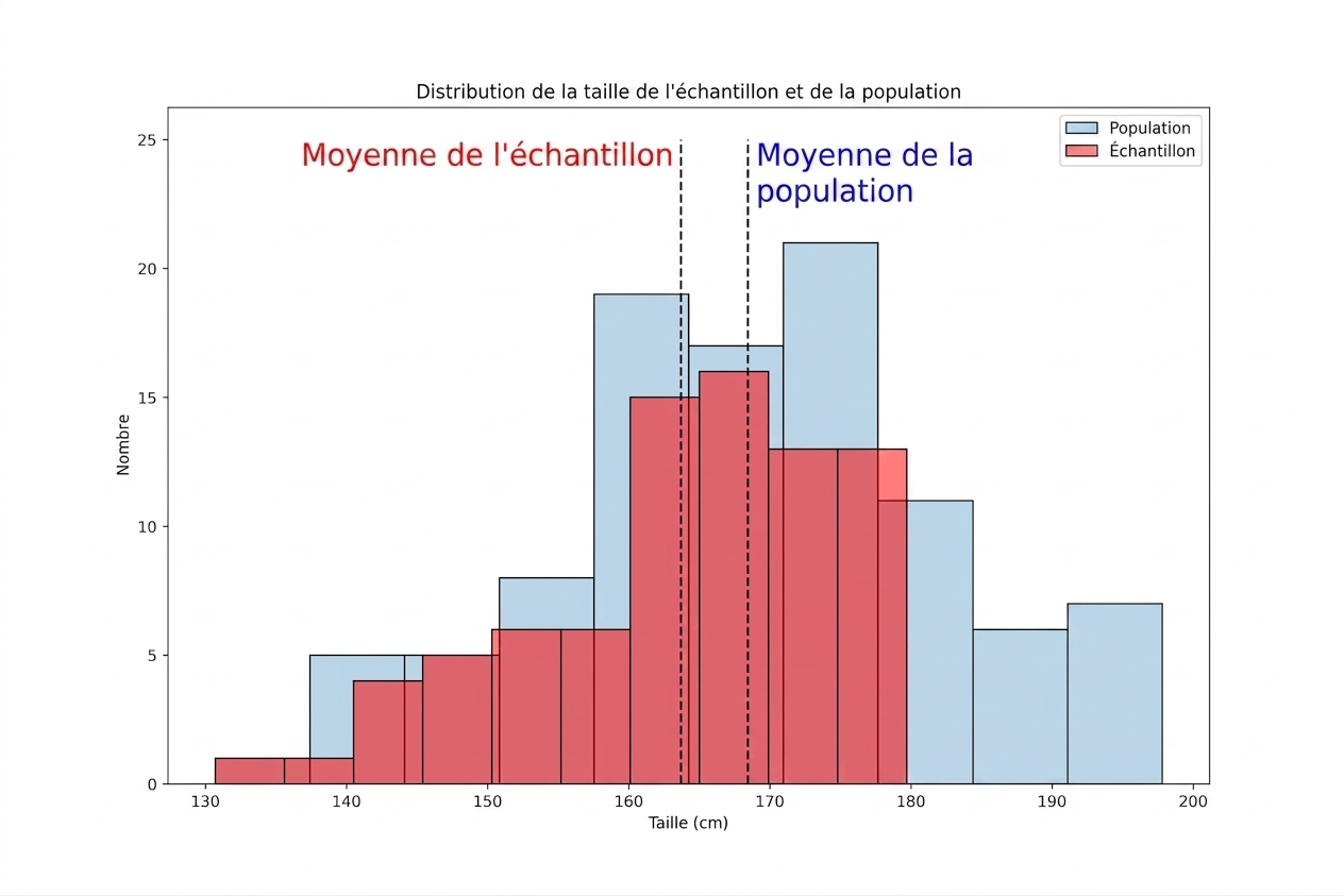 Distribution de la taille : échantillon vs population; l'échantillon a un maximum et une moyenne plus faibles